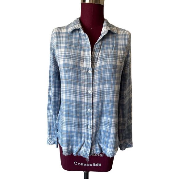 Anthropologie Cloth & Stone Woman’s Blue Plaid Flannel Shirt Button Front Fringe - Picture 1 of 7